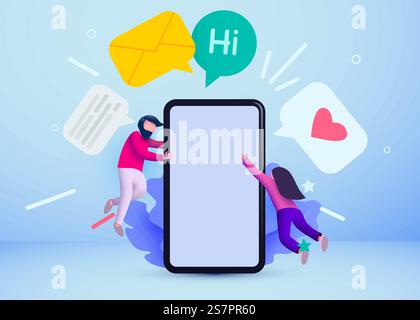 Telefono con messaggi e piccole persone che volano in giro. Concetto di comunicazione e social networking. Illustrazione vettoriale. Telefono con messaggi e piccole persone che volano in giro. Concetto di comunicazione e social networking. Illustrazione Vettoriale