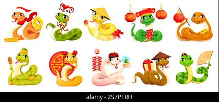 Cartoni animati 2025 cinesi anno lunare serpenti personaggi. Anno nuovo calendario cinese animali personages, serpente vettoriale isolato personaggi carini nel costo delle vacanze Illustrazione Vettoriale