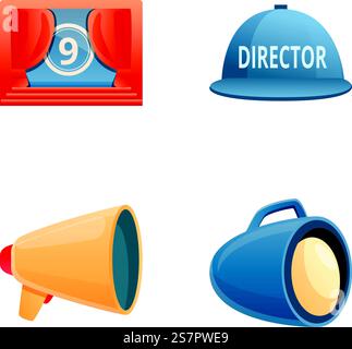 Le icone di ripresa consentono di impostare il vettore dei cartoni animati. Attrezzature per la produzione di film. Produzione cinematografica. Le icone di ripresa consentono di impostare il vettore dei cartoni animati. Attrezzature per la produzione di film Illustrazione Vettoriale