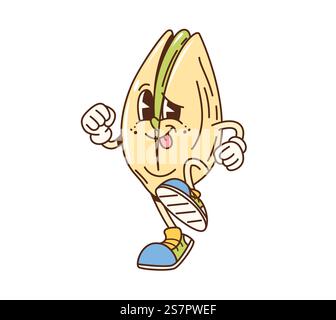 Personaggio cartoni animati di noce di pistacchio. Spuntino salato allegro personaggio vettoriale isolato in un cartone d'epoca. Sana nutrizione fresca noce felice retrò mascotte Illustrazione Vettoriale