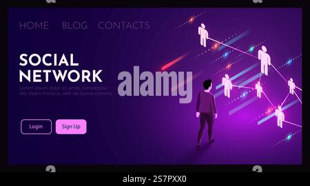 L'uomo si trova di fronte a un social network. Analisi e organizzazione delle persone. Illustrazione vettoriale. L'uomo si trova di fronte a un social network. Analisi e organizzazione delle persone. Illustrazione Vettoriale