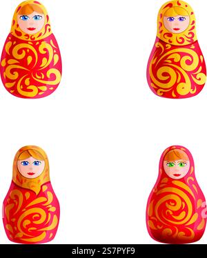 Le icone della bambola russa impostano il vettore dei cartoni animati. Matryoshka. Tradizionale giocattolo in legno, souvenir. Le icone della bambola russa impostano il vettore dei cartoni animati. Matryoshka Illustrazione Vettoriale