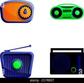 Le vecchie icone radio impostano il vettore dei cartoni animati. Sintonizzatore radio vintage. Dispositivo retrò. Le vecchie icone radio impostano il vettore dei cartoni animati. Sintonizzatore radio vintage Illustrazione Vettoriale