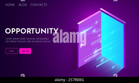 Banner di landing page isometrico per nuove opportunità. Porta aperta. Illustrazione vettoriale. Banner di landing page isometrico per nuove opportunità. Porta aperta. Illustrazione Vettoriale