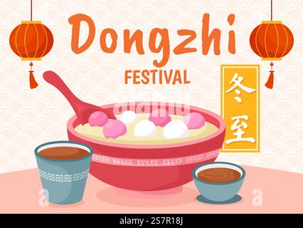 Dongzhi o Winter Solstice Festival illustrazione vettoriale il 22 dicembre con cibo cinese Tangyuan e Jiaozi in disegno di sfondo Flat Cartoon Illustrazione Vettoriale
