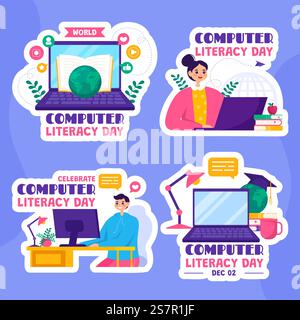 Illustrazione dell'etichetta del giorno dell'alfabetizzazione del computer Cartoon piatto modelli disegnati a mano sfondo Illustrazione Vettoriale