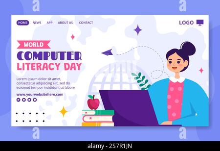 Modello di cartoni animati dell'illustrazione della landing page del social media giornata dell'alfabetizzazione del computer sfondo Illustrazione Vettoriale