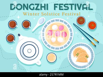 Dongzhi o Winter Solstice Festival illustrazione vettoriale il 22 dicembre con cibo cinese Tangyuan e Jiaozi in disegno di sfondo Flat Cartoon Illustrazione Vettoriale