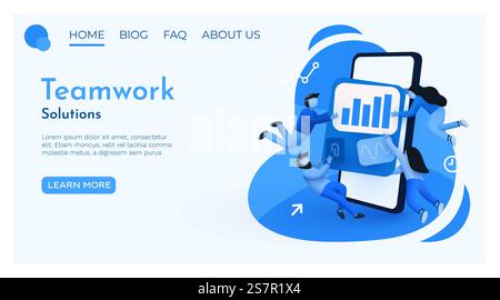 Piccole persone che volano intorno allo smartphone con soluzioni aziendali o elementi di esperienza utente che lavorano insieme. Concetto di lavoro di squadra. Illustrazione vettoriale. Piccole persone che volano intorno allo smartphone con soluzioni aziendali o elementi di esperienza utente che lavorano insieme. Concetto di lavoro di squadra. Illustrazione Vettoriale
