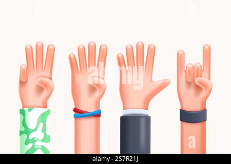 rendering 3d, mano dei personaggi dei cartoni animati che mostra le dita, raccolta di clip art aziendali isolata su sfondo bianco. Illustrazione vettoriale 3D. Illustrazione Vettoriale