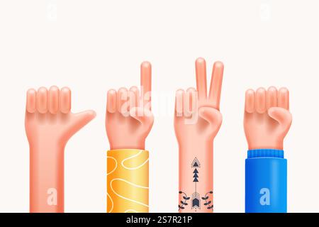 3d Render Hands Gestures stile divertente e simpatico dei cartoni animati 3D isolato su sfondo bianco. Illustrazione vettoriale 3D. Illustrazione Vettoriale