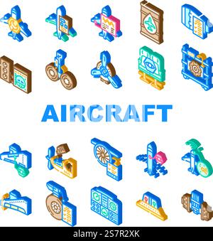 le icone dell'aviazione meccanica degli aeromobili impostano il vettore. aeroplano per la manutenzione, motore a reazione, aeroporto di aerei, industria dei tecnici, riparazione di aerei meccanici aeronautici illustrazioni dei segni isometrici. le icone dell'aviazione meccanica degli aeromobili impostano il vettore Illustrazione Vettoriale