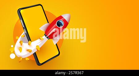 Smartphone con razzo volante e monete d'oro. Concetto di e-commerce. Illustrazione vettoriale. Smartphone con razzo volante e monete d'oro. Concetto di e-commerce. Illustrazione Vettoriale