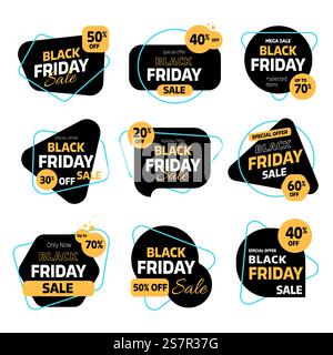 Collezione di badge Flat Black friday. Promozione prezzo etichetta mega vendita, acquista ora, sconto speciale, grande offerta, solo per un periodo limitato, ultima occasione. Illustrazione vettoriale Illustrazione Vettoriale