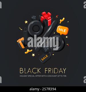 Poster dei saldi del Black Friday o banner commerciale su sfondo nero con percentuale lucida, shopping bag e cartellino di vendita. Modello di social media per siti Web e siti Web mobili, progettazione di e-mail e newsletter, materiale di marketing. Illustrazione vettoriale Illustrazione Vettoriale