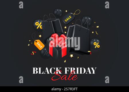 Poster dei saldi del Black Friday o banner di eventi commerciali scontati su sfondo nero con scatola regalo lucida, borse della spesa e cartellino di vendita. Modello di social media per siti Web e siti Web mobili, progettazione di e-mail e newsletter, materiale di marketing. Illustrazione vettoriale Illustrazione Vettoriale