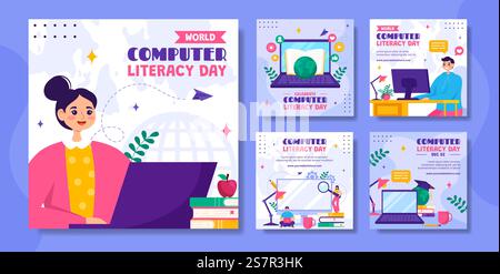 Giornata dell'alfabetizzazione informatica Social Media Post illustrazione cartone animato piatto modelli disegnati a mano sfondo Illustrazione Vettoriale