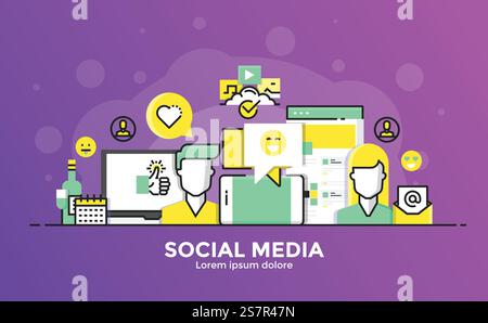 Banner con design piatto e sfumatura liscia e sottile dei social media per siti Web e siti Web per dispositivi mobili, facile da usare e altamente personalizzabile. Moderno concetto di illustrazione vettoriale, isolato su sfondo bianco. Illustrazione Vettoriale