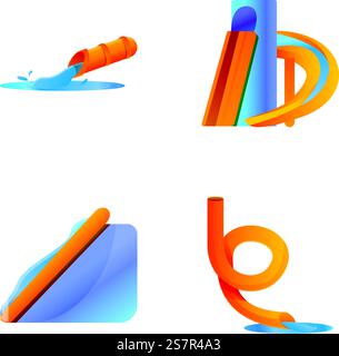 Le icone delle diapositive d'acqua impostano il vettore dei cartoni animati. Vari scivoli d'acqua. Aquapark, attrazione acquatica. Le icone delle diapositive d'acqua impostano il vettore dei cartoni animati. Vari scivoli d'acqua Illustrazione Vettoriale