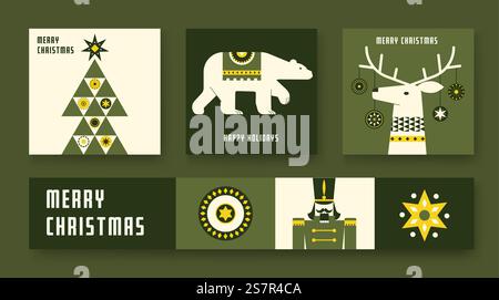 Eleganti biglietti d'auguri e striscioni per Natale e Capodanno. Stile semplice e alla moda. Design di copertina, invito o poster. Illustrazione vettoriale. Illustrazione Vettoriale