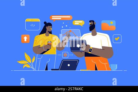 Progettisti di UI e UX che creano un'interfaccia Web funzionale per siti Web e app mobili. Concetto del processo di wireframe digitale. Illustrazione vettoriale piatta colorata isolata su sfondo blu Illustrazione Vettoriale