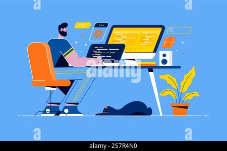Giovane programmatore concentrato nel progetto di lavoro. Sviluppo di tecnologie di programmazione e codifica. Schermata con i codici, sviluppatore al lavoro con l'attività. Software di codifica geek con laptop e pc. Illustrazione vettoriale Illustrazione Vettoriale