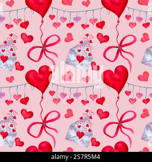 Palloncino cardiaco con busta e prua, garland. Motivo senza cuciture. Per una romantica decorazione di San Valentino. Illustrazione acquerello. Disegnato a mano isolato Foto Stock