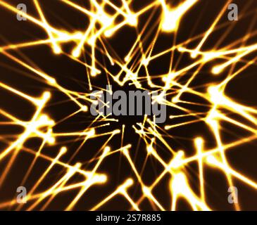Raggio laser vettoriale lucido tunnel dorato bagliore effetto speciale. Le scintille lunghe gialle irradiano in prospettiva. Linee al neon bagliore astratte su sfondo nero. Concetto di vacanza.. Raggio laser vettoriale lucido tunnel dorato bagliore effetto speciale. Le scintille lunghe gialle irradiano in prospettiva. Linee al neon bagliore astratte su sfondo nero. Concetto di vacanza Illustrazione Vettoriale