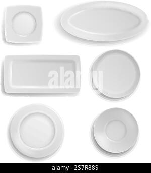 Set di piastre bianche. Pulizia realistica delle stoviglie in porcellana ceramica forme diverse raccolta dall'alto, cucina rotonda e quadrata piatto e ciotola, cottura e porzioni in primo piano vettoriale illustrazione isolata in 3D. Set di piastre bianche. Pulizia realistica delle stoviglie in porcellana ceramica forme diverse raccolta dall'alto, cucina rotonda e quadrata piatto e ciotola, che serve un'illustrazione vettoriale isolata 3d. Illustrazione Vettoriale