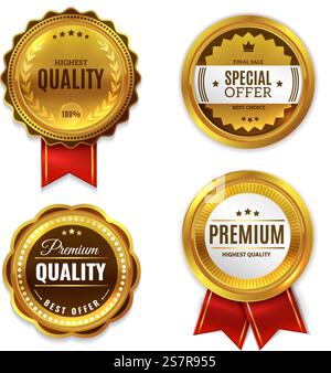 Sigilla etichette di qualità badge dorati. Sconti e sconti sulle medaglie d'oro 3d con nastri rossi, francobolli premium e autentici emblemi tondi garantiti. Cartello promozionale BEST seller. Set isolato realistico vettoriale. Sigilla etichette di qualità badge dorati. Sconti e sconti sulle medaglie d'oro 3d con nastri rossi, francobolli premium e autentici emblemi tondi garantiti. Set realistico di cartelli promozionali più venduto Illustrazione Vettoriale