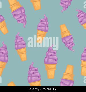 Coni di gelato viola con spruzzette. Dessert estivo surgelato, gelato con cialda croccante. Design alla moda, tessuto o menu o supporti digitali. Motivo, sfondo o stampa senza cuciture. Vettore in stile piatto. Coni per gelato con spruzzette senza cuciture Illustrazione Vettoriale