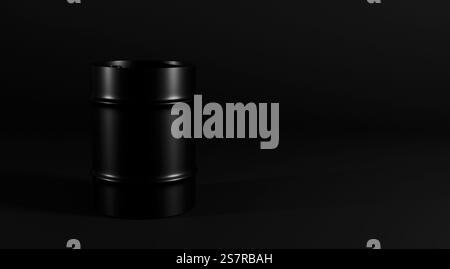 Modello 3D di un barile di olio nero su sfondo nero, un barile di olio Foto Stock