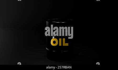 Modello 3D di un barile nero e testo olio giallo per olio su sfondo nero, un barile per olio Foto Stock