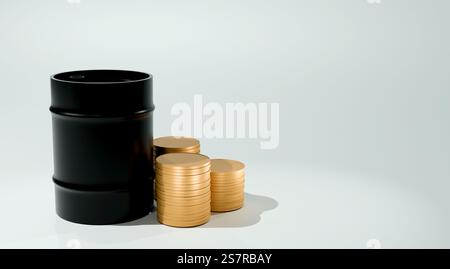 Modello 3D di botte di petrolio nero e pila di monete su sfondo chiaro, botte di petrolio e denaro Foto Stock