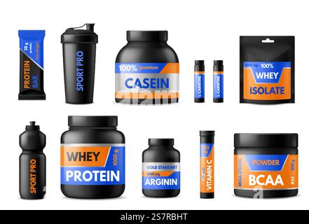 Etichette nutrizionali sportive. Integratori alimentari per culturisti, pacchetti di plastica con proteine del siero di latte e creatina, vitamine e bevande energetiche, contenitori neri e bottiglie con adesivi. Set 3d realistico vettoriale. Etichette nutrizionali sportive. Integratori alimentari per culturisti, pacchetti di plastica con proteine del siero di latte e creatina, vitamine e bevande energetiche, contenitori e bottiglie con adesivi. Set realistico vettoriale Illustrazione Vettoriale