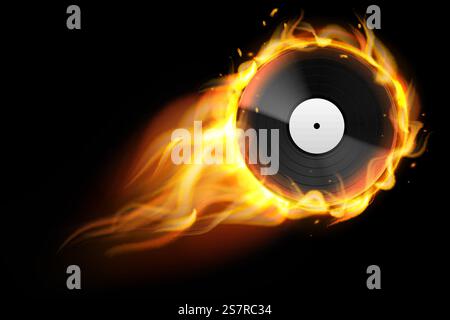 Disco in vinile bruciato. Disco nero audio analogico realistico con traccia di fuoco. Album musicale retrò. Sfondo di una festa in discoteca. Musica da DJ. Modello di apparecchiature multimediali fiammeggianti. Concetto di intrattenimento vettoriale. Disco in vinile bruciato. Disco audio analogico realistico con traccia di fuoco. Album musicale retrò. Sfondo di una festa in discoteca. Musica da DJ. Modello di apparecchiature multimediali fiammeggianti. Concetto di intrattenimento vettoriale Illustrazione Vettoriale
