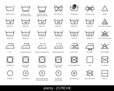 Icone del bucato. Istruzioni sugli indumenti protettivi su etichette, cartelli per lavatrice o lavatrice a mano. Raccolta dei simboli della temperatura di acqua, stiratura e asciugatura, tipi di tessuto e tessuto. Set isolato voci vettoriali. Icone del bucato. Istruzioni sugli indumenti protettivi su etichette, cartelli per lavatrice o lavatrice a mano. Simboli di temperatura per acqua, stiratura e asciugatura, tipi di tessuto e tessuti, elementi di linea vettoriali, set isolato Illustrazione Vettoriale