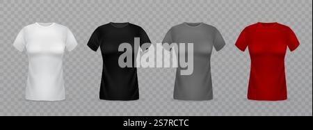 Magliette realistiche da donna. modelli di abiti femminili isolati in 3d. Camicie bianche, nere, grigie e rosse bianche da donna, vista frontale. Mockup isolato vettoriale della collezione di marchi tessili vuoti ragazze. Magliette realistiche da donna. modelli di abiti femminili isolati in 3d. Camicie bianche, nere, grigie e rosse bianche da donna, vista frontale. Mockup isolato vettore di branding del marketing tessile vuoto Illustrazione Vettoriale