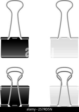 Pinzette metalliche. Elementi di fissaggio in acciaio per legatura da ufficio annuncio organizzato, portadocumenti e note in metallo in bianco e nero aperto e chiuso, strumenti di cancelleria scolastica realistico set isolato vettoriale. Pinzette metalliche. Elementi di fissaggio in acciaio per leganti da ufficio, portadocumenti e appunti in metallo in bianco e nero aperto e chiuso, strumenti di cancelleria scolastici realistici set isolato vettoriale Illustrazione Vettoriale