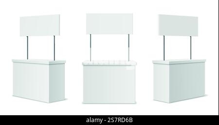 Stand pubblicitari. Bianco realistico semplice rack o banchi con diverse angolazioni della telecamera, scrivania promozionale 3d con cartello, tavoli promozionali vuoti puliti con mockup bianco per cartelloni. Set isolato vettoriale. Stand pubblicitari. Bianco realistico semplice rack o banchi con diverse angolazioni della telecamera, scrivania promozionale 3d con cartello, tavoli promozionali vuoti puliti con set di vettori mockup bianchi per cartelloni Illustrazione Vettoriale