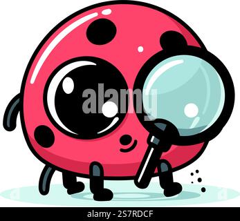 Coccinella con lente di ingrandimento. Carino illustrazione vettoriale dei cartoni animati. Illustrazione Vettoriale
