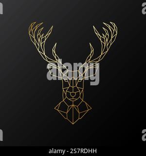 Testa lineare Golden Deer. Renna geometrica bassa in polietilene. Testa e corna. Illustrazione Vettoriale