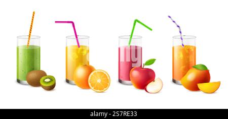 Frullati di frutta. Bicchieri realistici con diversi succhi e bevande, bevande fresche e salutari tropicali, dieta e nutrizione disintossicante. Set vettoriale di kiwi e arancia, mele e mango. Frullati di frutta. Bicchieri realistici con succhi e bevande, bevande fresche e salutari tropicali, dieta e nutrizione disintossicante. Set vettoriale di kiwi e arancia, mele e mango Illustrazione Vettoriale