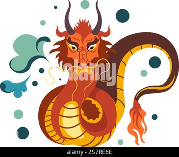 Creatura mitologica del drago, personaggio fantasy isolato con espressione spaventosa, coda ardente. Rettile o bestia con le corna. Folklore cinese e fiabe. Immagine vettoriale in stile piatto. Personaggio del drago malvagio, creatura della mitologia cinese Illustrazione Vettoriale