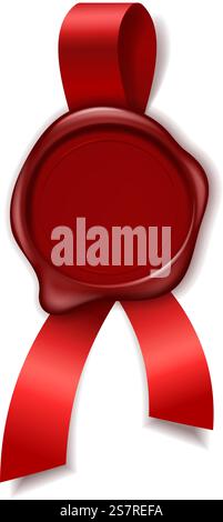 Garanzia realistica. Nastro rosso sigillato in cera isolato su sfondo bianco. Garanzia realistica. Nastro rosso sigillato con cera Illustrazione Vettoriale