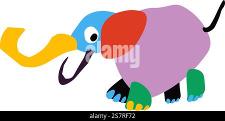 Carta isolata con elefante, pachiderma con tronco, zanne e orecchie. Disegno infantile di mammiferi terrestri. Emoji o emoticon, adesivi o personaggi disegnati dai bambini. Immagine vettoriale in stile piatto. Colorato disegno infantile di elefante, artigianato della carta Illustrazione Vettoriale