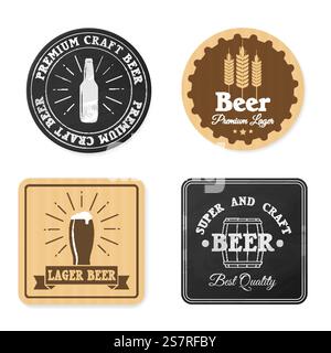 Design delle montagne russe della birra. Sottobicchieri da birra quadrati e rotondi, etichette per pub, stuoie per bevande, adesivi per birrerie in stile hipster, cartelli per bevande alcoliche. Prodotti artigianali di alta qualità. Beermat per set isolato vettoriale a barre. Design delle montagne russe della birra. Sottobicchieri da birra quadrati e rotondi, etichette per pub, stuoie per bevande, adesivi per birrerie in stile hipster, cartelli per bevande alcoliche. Prodotti artigianali di alta qualità. Set isolato vettoriale Illustrazione Vettoriale