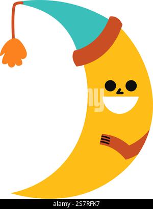 Carattere a forma di luna crescente. Simpatico personaggio giallo e sorridente in cappello con pompon. Espressione facciale positiva nella cuffia da notte. Illustrazione colorata per bambini con le mani. Vettore in stile piatto. Personaggio di luna mezzaluna con faccia sorridente, vettore Illustrazione Vettoriale