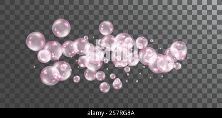 Bolle di sapone volante rosa trasparente su sfondo trasparente scuro. Bolle di sapone volante rosa trasparente su sfondo trasparente scuro. Illustrazione Vettoriale