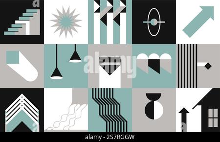 Design minimalista moderno della metà del secolo o bauhaus, stampa artistica. Piastrelle astratte minimaliste, collage di quadrati. Scale e sole, linee e frecce, lampade e casa. Vettore in stile piatto. Le linee astratte dei quadrati di arte moderna della metà del secolo Illustrazione Vettoriale